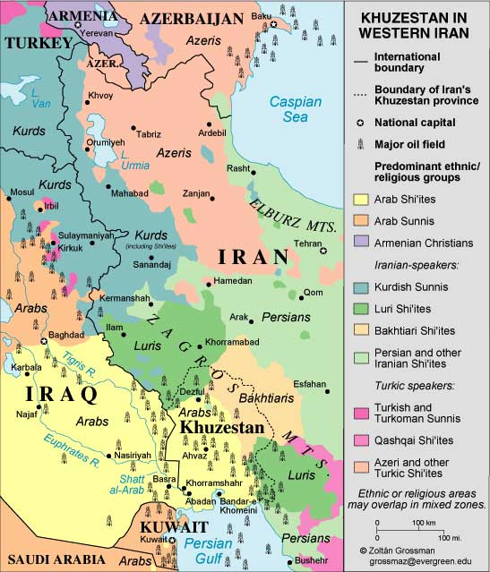 Mapa de la demografía y recursos petroleros en la frontera entre Irán e Irak