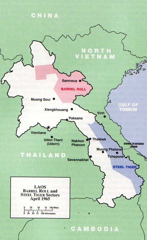 Mapa de Laos que muestra el área de operaciones de Barrel Roll y Steel Tiger