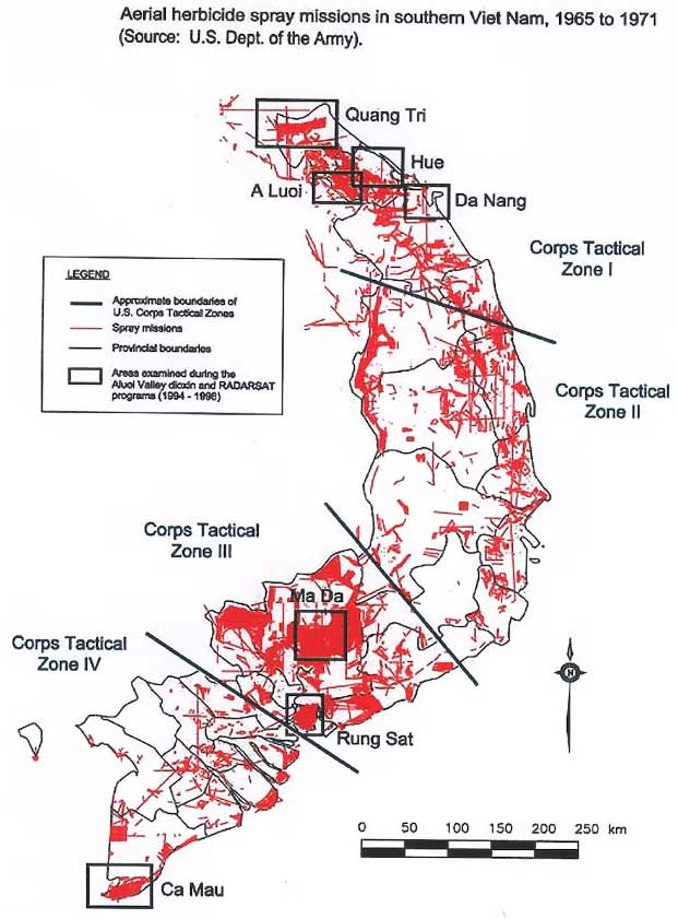 Mapa de las áreas de fumigación aéreas en el centro y sur de Vietnam