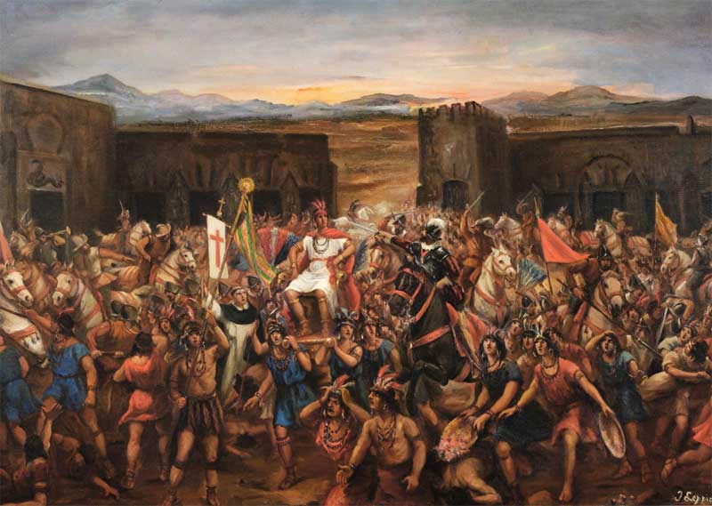 Óleo de Juan B. Lepiani que representa la captura de Atahualpa en Cajamarca en 1532