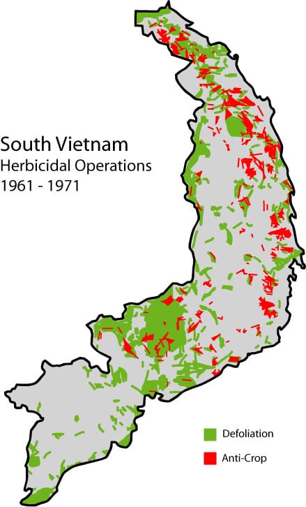 Mapa de uso de herbicidas durante la guerra de Vietnam
