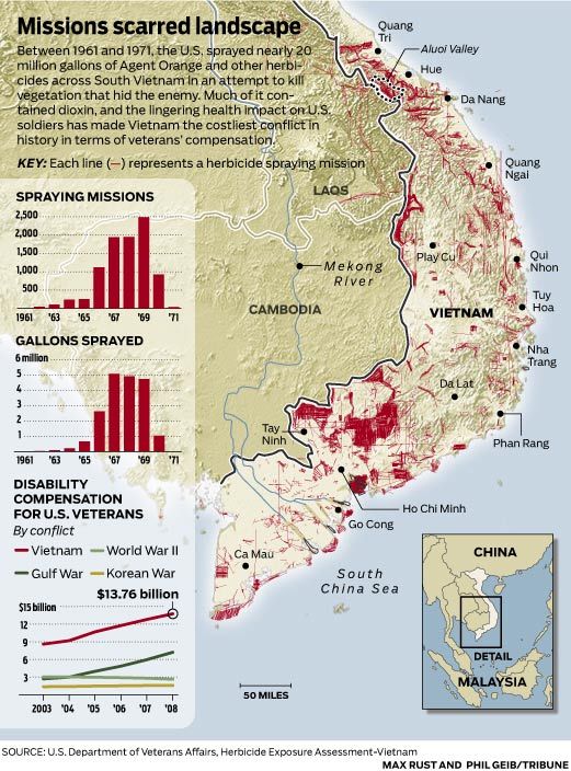 Mapa de las zonas donde se utilizaron herbicidas como el Agente Naranja