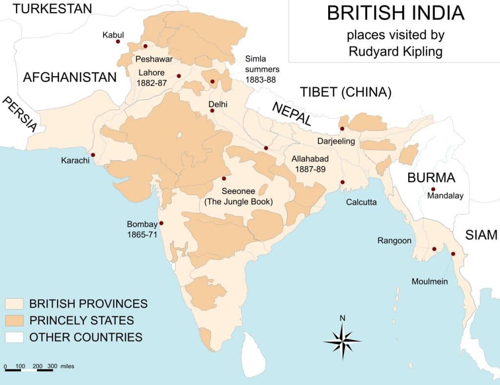 Mapa de la India británica con lugares de visitas de Rudyard Kipling