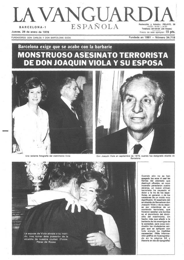 Portada de La Vanguardia sobre el atentado contra Joaquín Viola y su esposa