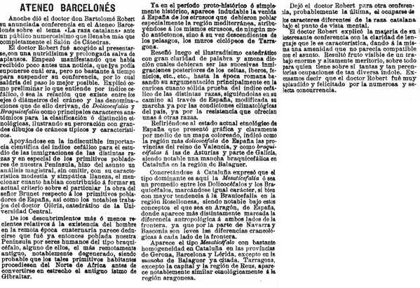 Recorte de periódico sobre la charla del Dr. Robert sobre «La Raza Catalana».