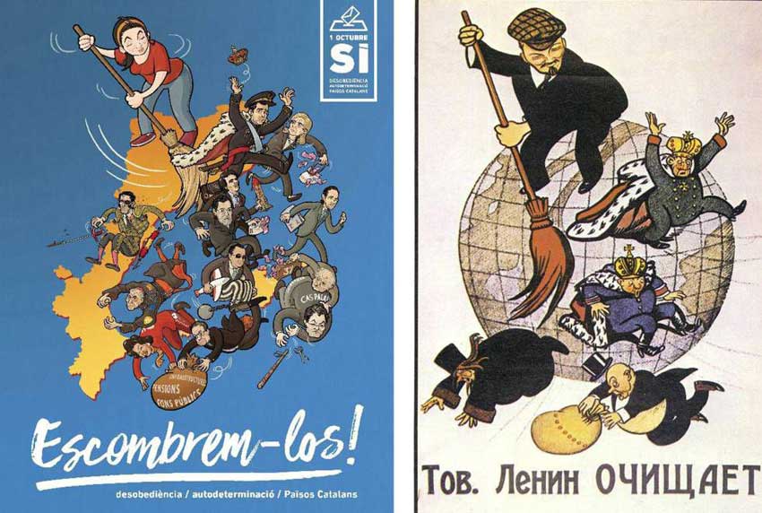 Cartel de propaganda de la CUP que siguendo el modelo soviético, llamaba a «barrer» de los «Paisos Catalanes» a los «escombros» de la sociedad