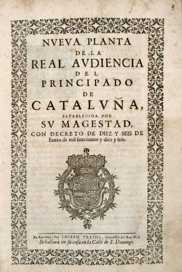 Portada del documento de los Decretos de Nueva Planta