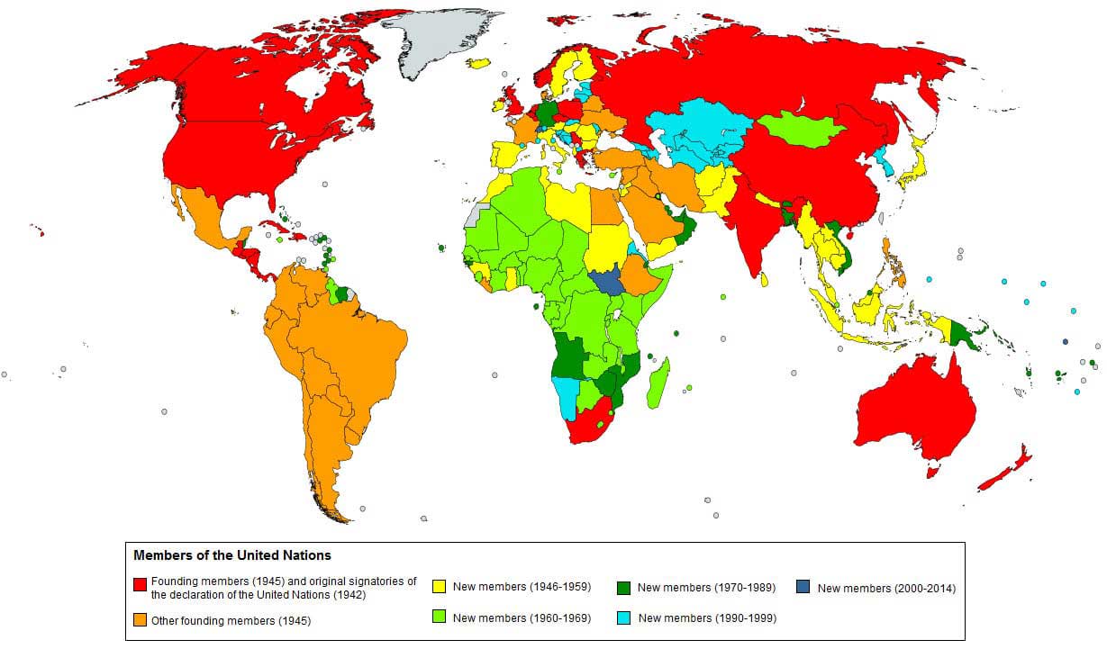 Acceso a la ONU de los países en diferentes periodos desde la fundación