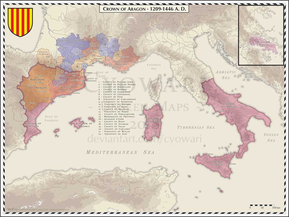 Mapa de los territorios de la Corona de Aragón 1209-1446