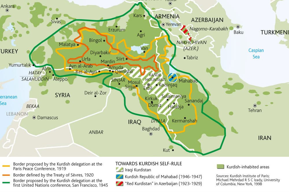 Mapa del Kurdistán y zonas de control